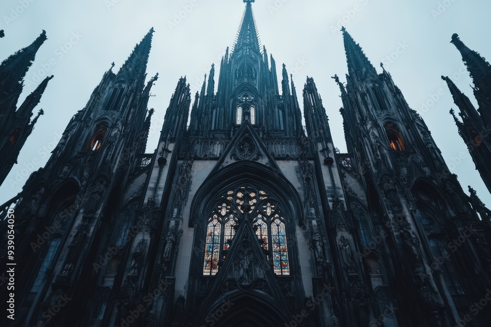 Breathtaking view of a Gothic cathedral's facade with its sky-reaching spires and elaborately designed windows, reflecting historical significance and architectural prowess. Breathtaking view of a Gothic cathedral's facade with its sky-reaching spires and elaborately designed windows, reflecting historical significance and architectural prowess.