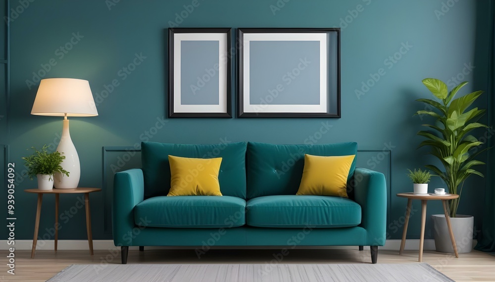 Interior mockup In a white room a blue sofa is placed next to a photo frame on the wall Interior mockup In a white room a blue sofa is placed next to a photo frame on the wall