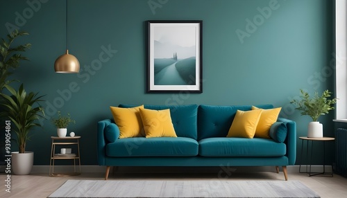 Interior mockup In a white room a blue sofa is placed next to a photo frame on the wall