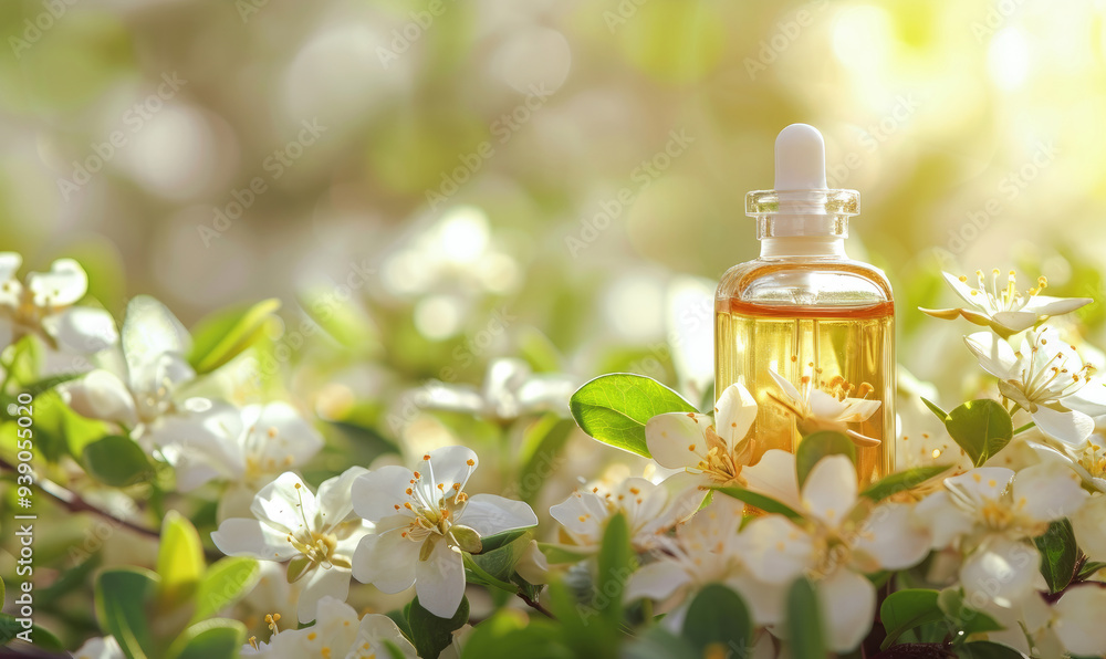 Glass bottle with essential oil among the jasmin blossoms
