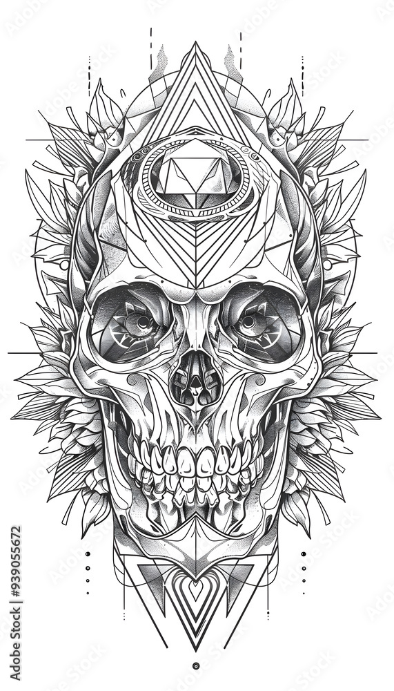Obraz premium Tribal Geometric Skull Tattoo black and white illustration