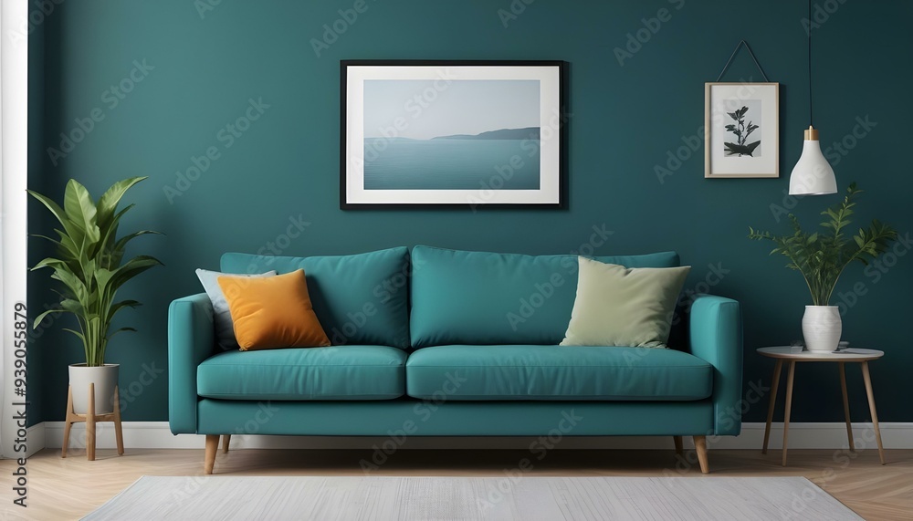 Interior mockup In a white room a blue sofa is placed next to a photo frame on the wall Interior mockup In a white room a blue sofa is placed next to a photo frame on the wall