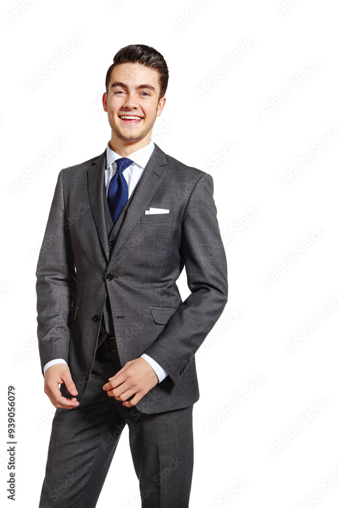Corporate, man and happy in studio for fashion on white background for elegant style and outfit as accountant. Male person, business and portrait on confidence with suit for office on mockup space Corporate, man and happy in studio for fashion on white background for elegant style and outfit as accountant. Male person, business and portrait on confidence with suit for office on mockup space
