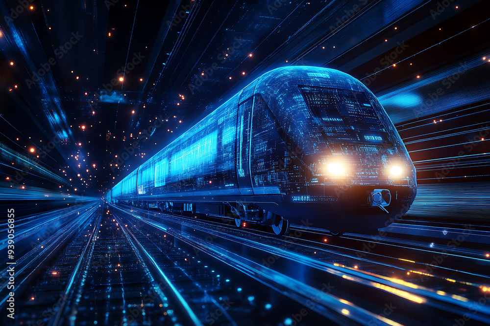 Abstract digital background banner featuring a train with data connection elements in blue and black colors Abstract digital background banner featuring a train with data connection elements in blue and black colors
