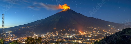 Erupting volcano illuminated by city lights during twilight in Guatemala