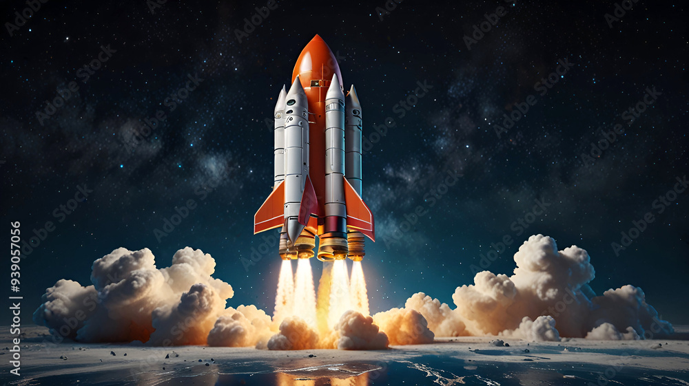 Obraz premium 3D rocket in space Business startup and business growth concept, 3D rendering. on white background. Ai generative