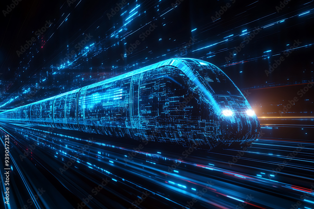 Abstract digital background banner featuring a train with data connection elements in blue and black colors Abstract digital background banner featuring a train with data connection elements in blue and black colors