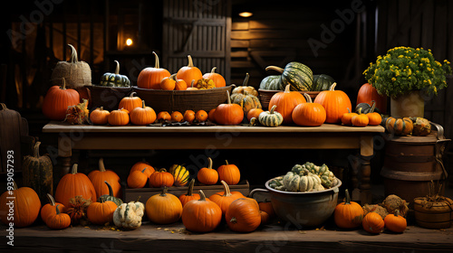 A natural backdrop sets the stage for a collection of orange pumpkins on a table.