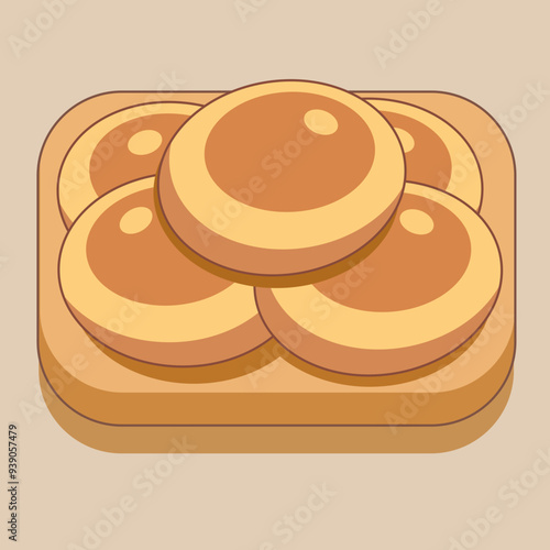 Buns on wooden tray, flat vector illustration