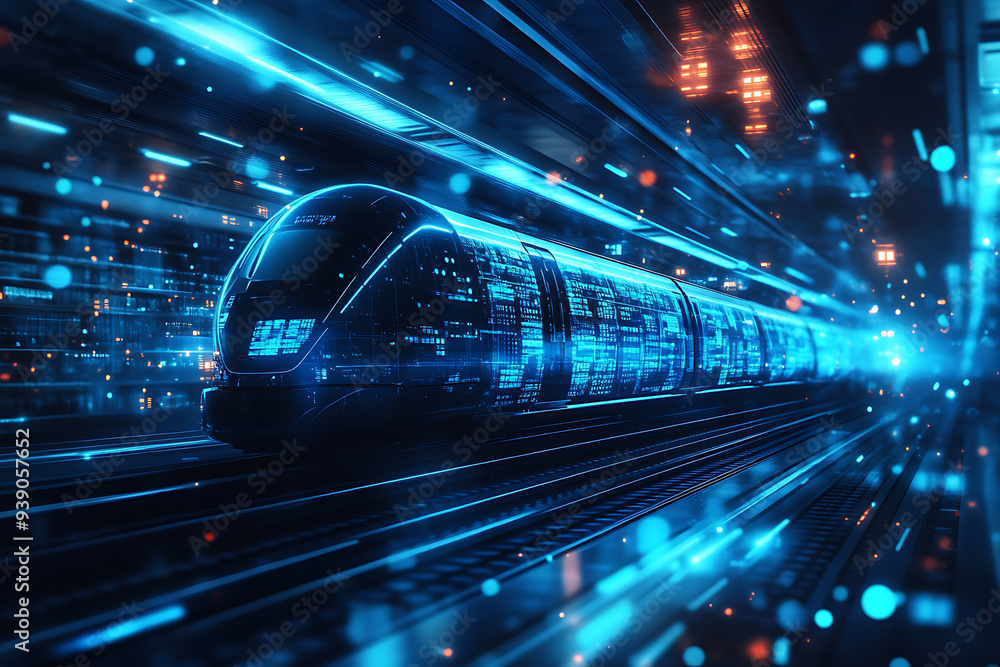 Abstract digital background banner featuring a train with data connection elements in blue and black colors Abstract digital background banner featuring a train with data connection elements in blue and black colors