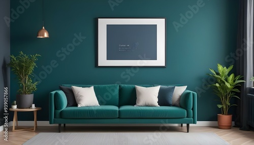 Interior mockup In a white room a blue sofa is placed next to a photo frame on the wall