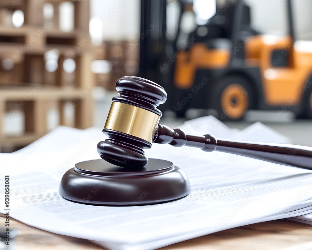 A gavel and document papers with a forklift in the background A gavel and document papers with a forklift in the background