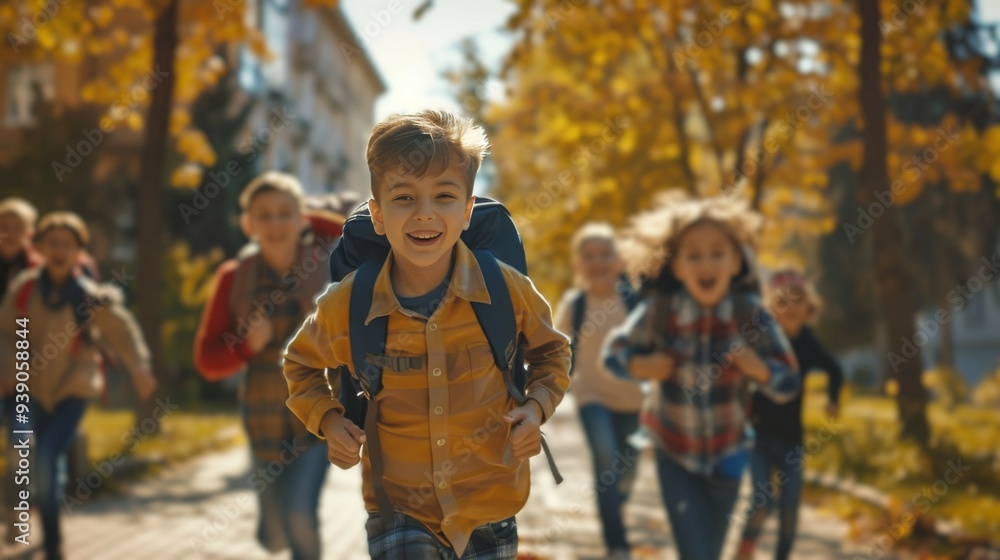 A group of children running, smiling and having fun on their way to school in autumn. look happy and cheerful, an exciting day at kindergarten or elementary school A group of children running, smiling and having fun on their way to school in autumn. look happy and cheerful, an exciting day at kindergarten or elementary school