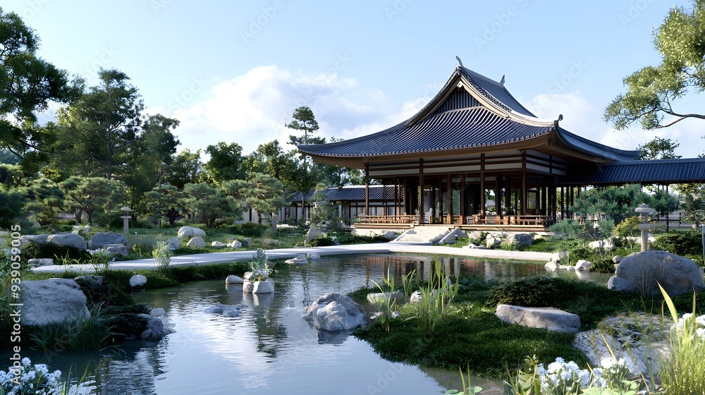 Traditional Japanese Garden with a Pond and Pavilion. Traditional Japanese Garden with a Pond and Pavilion.
