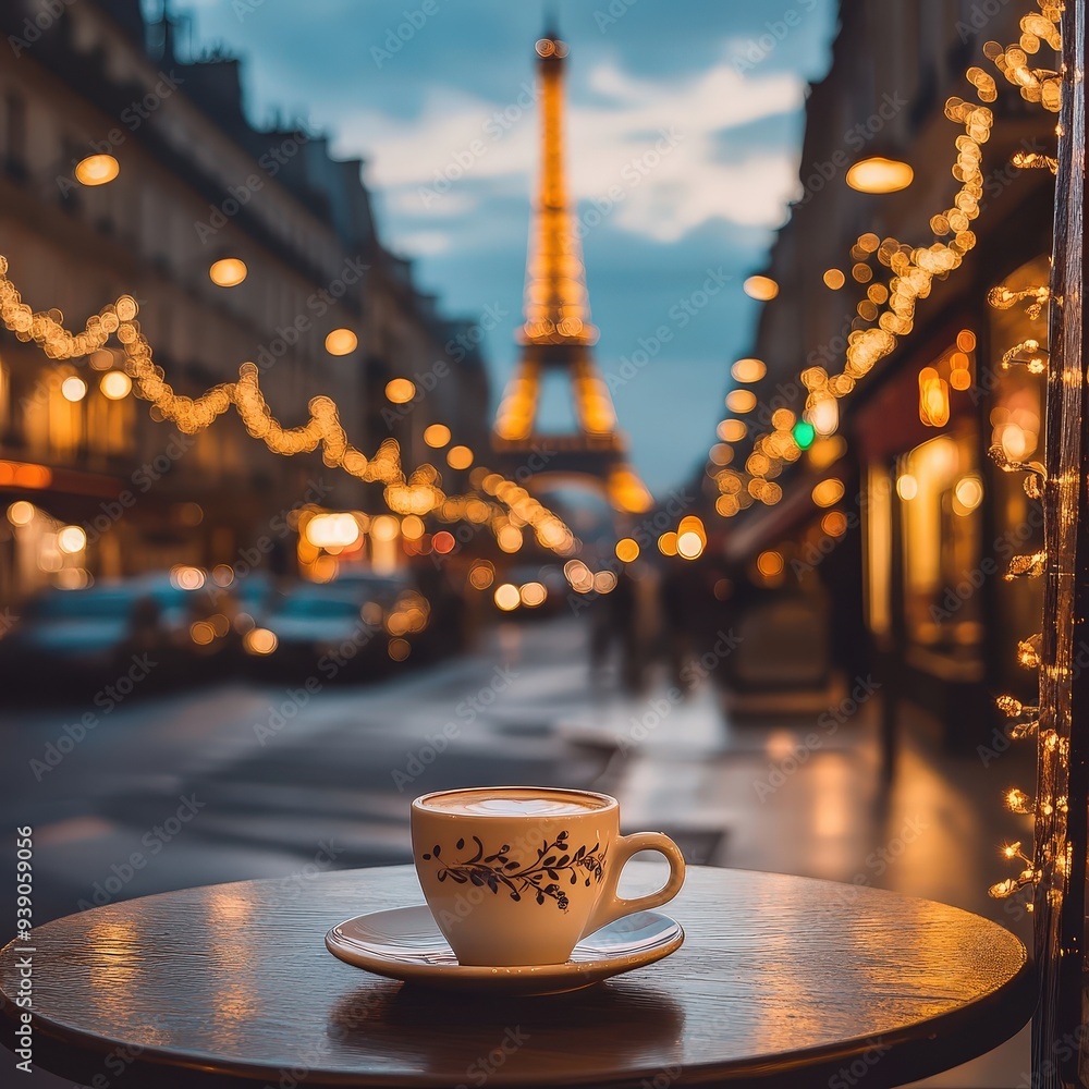 Tasse de café avec la ville de paris en arrière plan