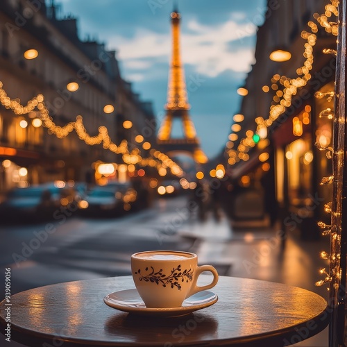 Obraz na płótnie Tasse de café avec la ville de paris en arrière plan w salonie
