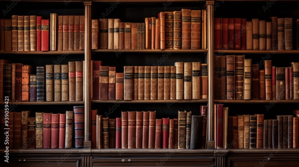 Many old brown books on wooden shelf in dark library. Neural network ai generated art Many old brown books on wooden shelf in dark library. Neural network ai generated art