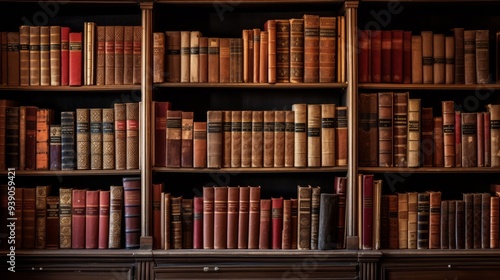 Many old brown books on wooden shelf in dark library. Neural network ai generated art