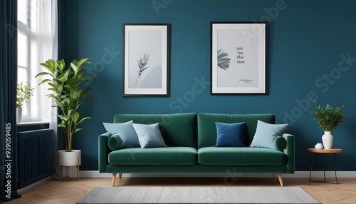 Interior mockup In a white room a blue sofa is placed next to a photo frame on the wall