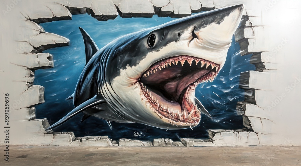 Fototapeta premium Mur avec graffiti représentant un grand requin blanc coloré, illusion d'optique, street art.