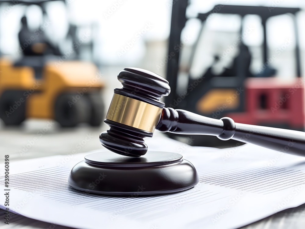 A gavel and document papers with a forklift in the background A gavel and document papers with a forklift in the background