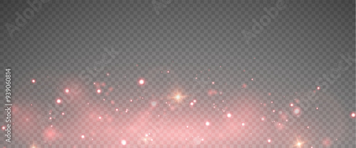 Christmas glowing bokeh confetti light and glitter texture overlay for your design. Festive sparkling red dust png. Holiday powder dust for cards, invitations, banners, advertising.