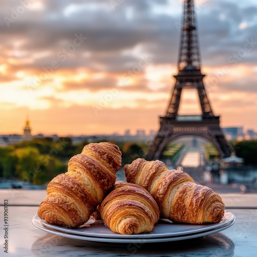 Petit déjeuner avec croissant avec la ville de Paris en arriere plan