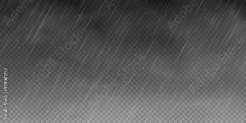 Raindrops on transparent background. Storm with rain and white cloud isolated on transparent background. Downpour, hail rainy weather. Rain and snow, rain and hail png.