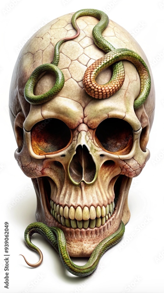 Fototapeta premium A skull with snake slithering through its eye sockets on a white background