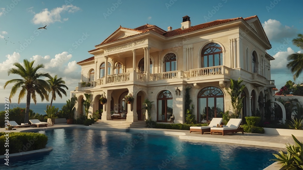 Fototapeta premium Beachfront Luxury: Exquisite Estate with Panoramic Ocean Views
