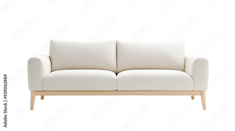 A minimalist modern sofa with clean lines, upholstered in soft, neutral-toned fabric, featuring simple wooden legs, designed for comfort and elegance isolated on transparency background PNG A minimalist modern sofa with clean lines, upholstered in soft, neutral-toned fabric, featuring simple wooden legs, designed for comfort and elegance isolated on transparency background PNG