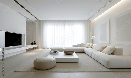 Trendy white living room with white modern decoration, simple home decor