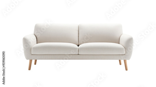 A minimalist modern sofa with clean lines, upholstered in soft, neutral-toned fabric, featuring simple wooden legs, designed for comfort and elegance isolated on transparency background PNG