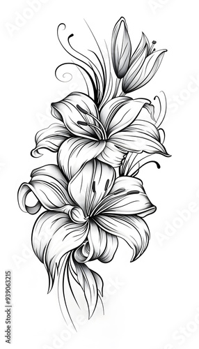 Tribal Lily flower Tattoo black and white illustration