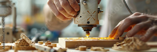 A skilled woodworker, using a miniature laser engraver to create intricate designs on a wooden block. photo