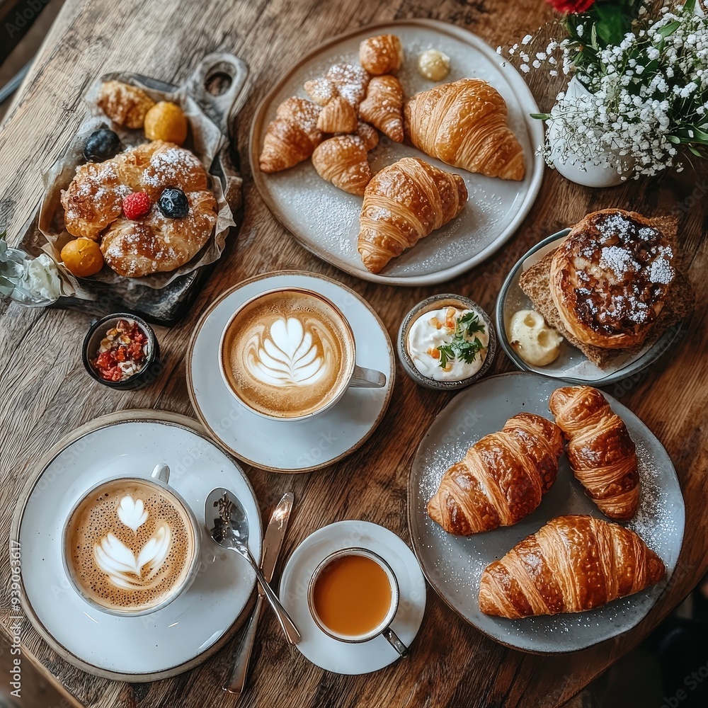 Petit déjeuner français, avec croissant, café et jus de fruit