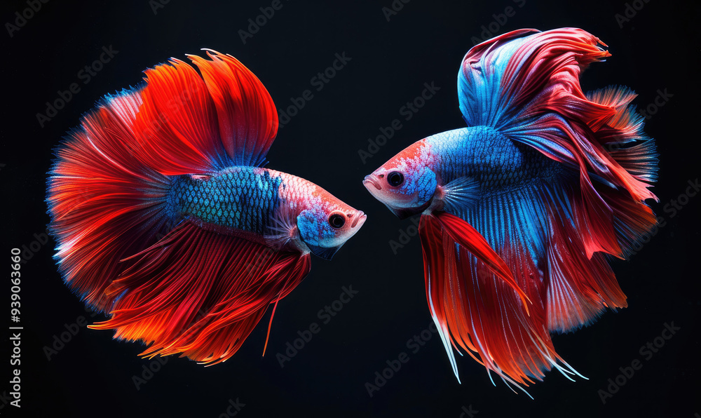 Fototapeta premium Beautiful movement of Fullmoon betta fish, Two Fancy Fullmoon Betta, The moving moment beautiful of Siamese Fighting fish, Betta splendens, Rhythmic of Betta fish isolated on black background