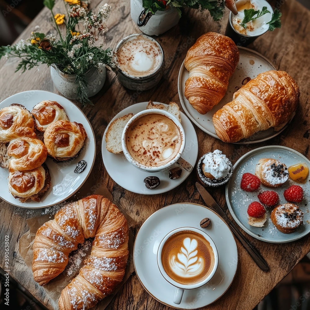 Petit déjeuner français, avec croissant, café et jus de fruit