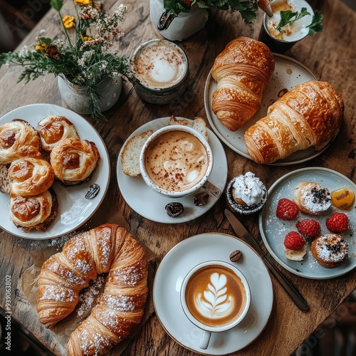 Obraz na płótnie Petit déjeuner français, avec croissant, café et jus de fruit w salonie