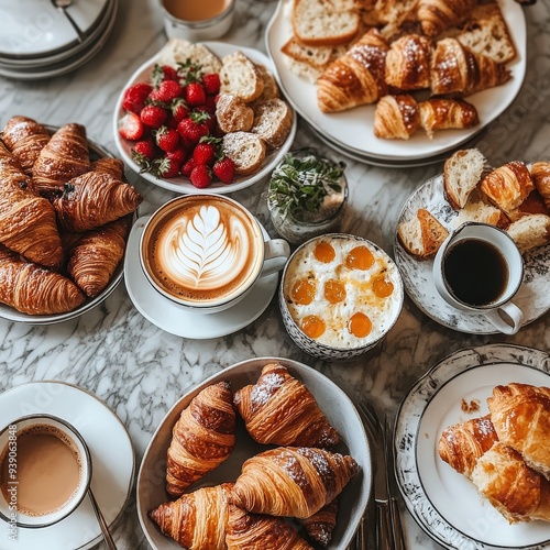 Petit déjeuner français, avec croissant, café et jus de fruit