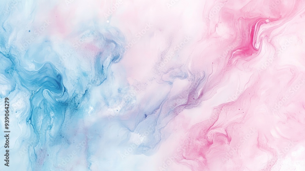 Fototapeta premium Delicate watercolor background with pastel pink and blue tones, featuring a liquid marbled paper effect, creating a soft, flowing texture.