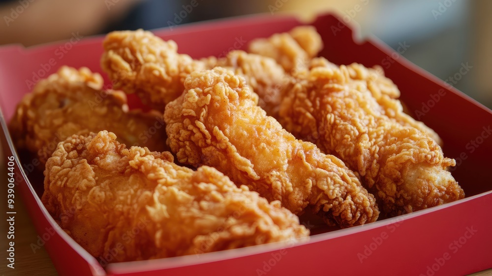 Delicious hot fried chicken strips in a large red box, highlighting the crispy and golden-brown texture of the meal. Delicious hot fried chicken strips in a large red box, highlighting the crispy and golden-brown texture of the meal.