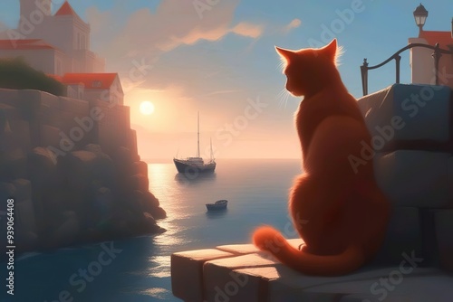 A red cat looking to the sea