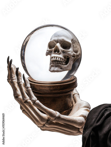 A skeletal hand holds a crystal ball featuring a skull, symbolizing mystery, fortune-telling, and the unknown.