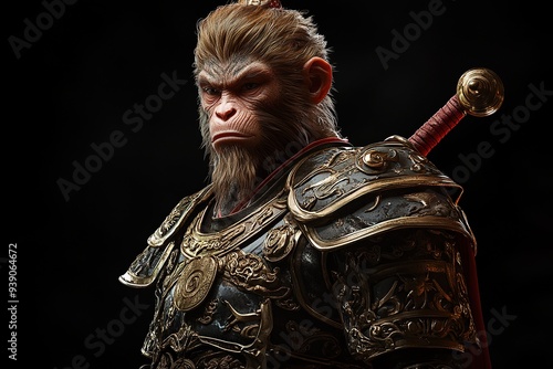  3D realistic of a monkey in armor, Monkey King Sun Wukong AI illustration, black background.