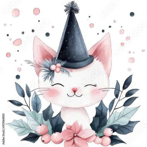 Adorable kitten in a party hat surrounded by festive foliage, perfect for holiday-themed designs and greeting cards. photo