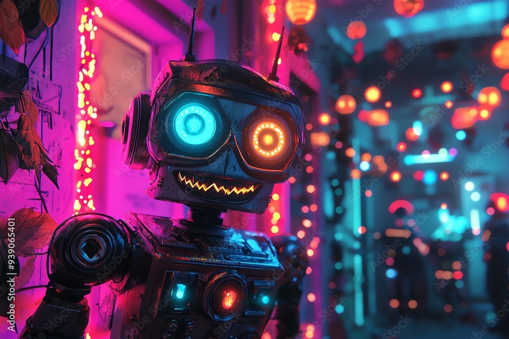 A vibrant robot with colorful lights, set against a backdrop of glowing lanterns and a futuristic atmosphere. A vibrant robot with colorful lights, set against a backdrop of glowing lanterns and a futuristic atmosphere.