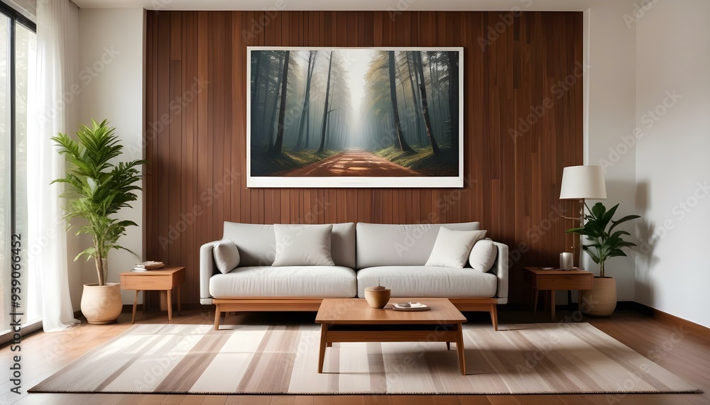 Interior mockup In a white room a blue sofa is placed next to a photo frame on the wall Interior mockup In a white room a blue sofa is placed next to a photo frame on the wall