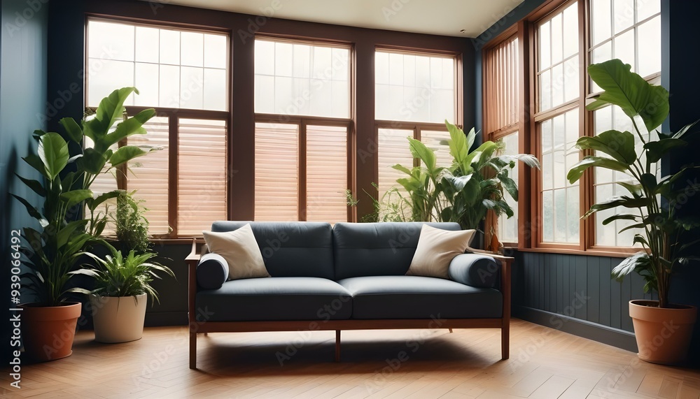 Interior mockup In a white room a blue sofa is placed next to a photo frame on the wall Interior mockup In a white room a blue sofa is placed next to a photo frame on the wall
