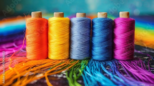 Colorful sewing threads on a colorful backdrop photo